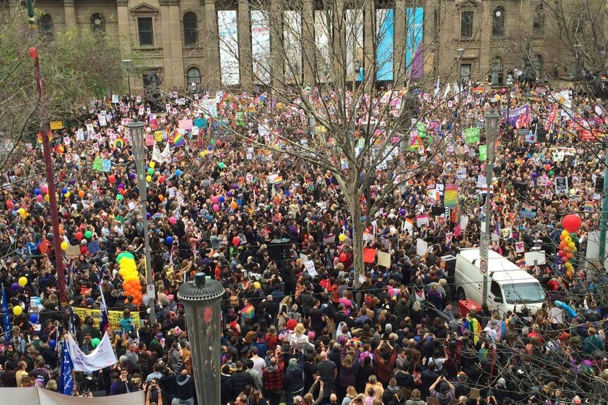 Thousands of protesters in favour of same-sex marriage rally outside the Victorian State Library in Melbourne.