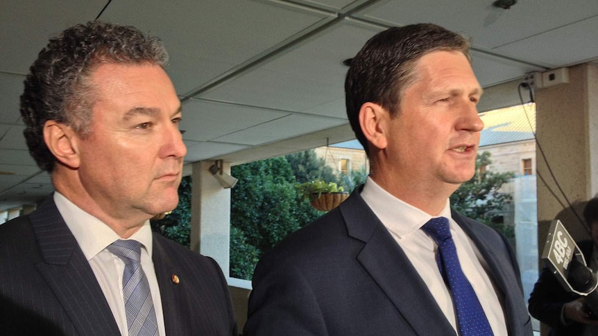 LtoR Opposition treasury spokesman John-Paul Langbroek and Opposition Leader Lawrence Springborg