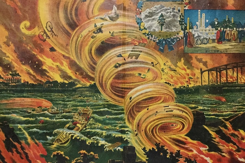 A Japanese painting of a fire tornado