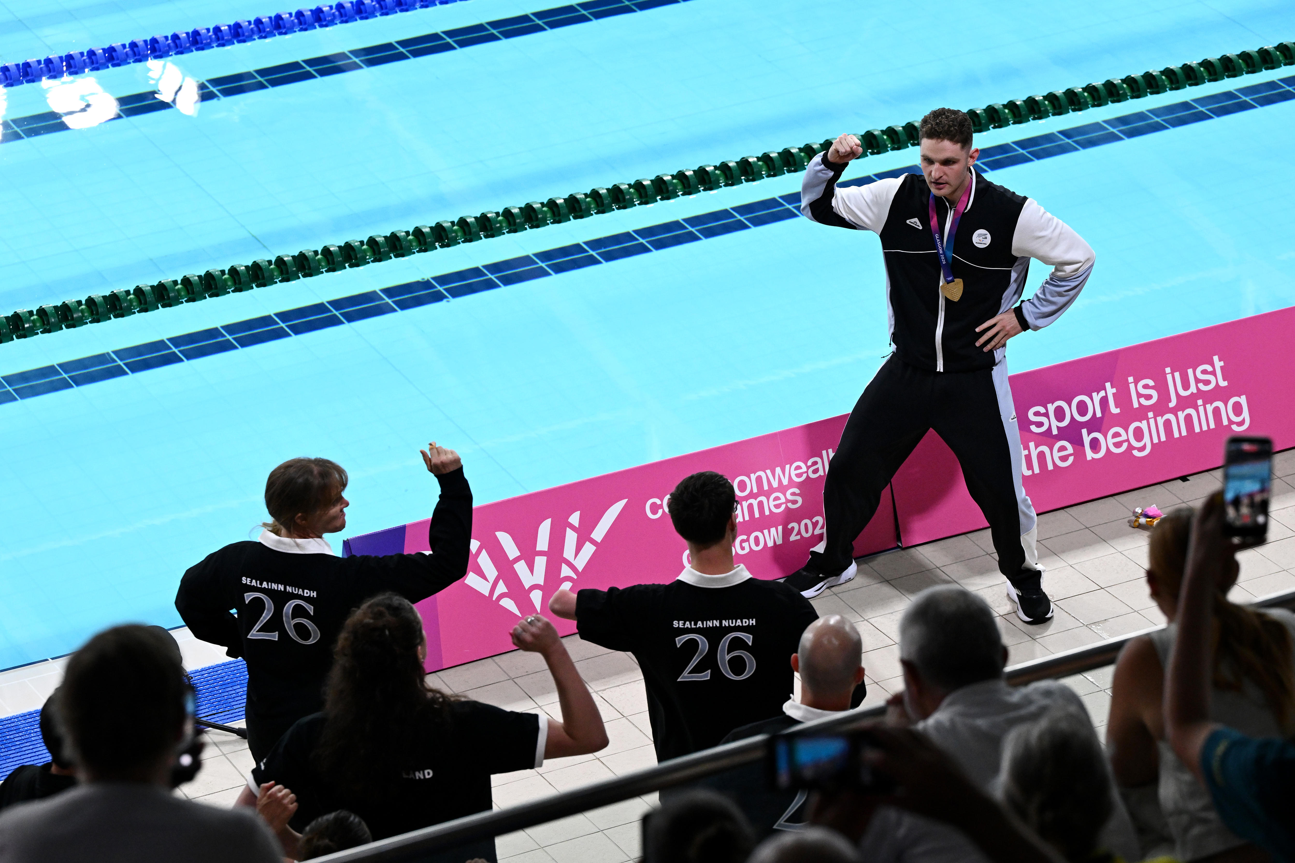 Lewis Clareburt and his New Zealand teammates perform a haka.