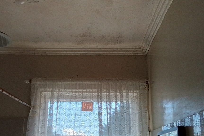 Old house with light brown walls and a stained white ceiling covered in mould