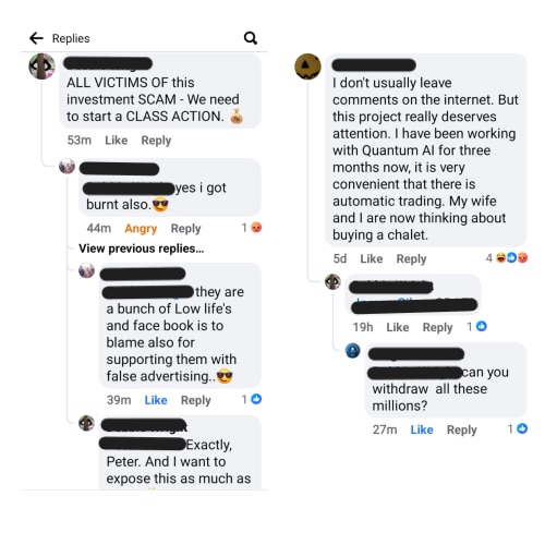 A screenshot of Facebook comments about a scam ad. 