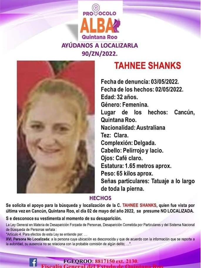 A missing persons poster written in Spanish for Australian woman Tahnee Shanks.
