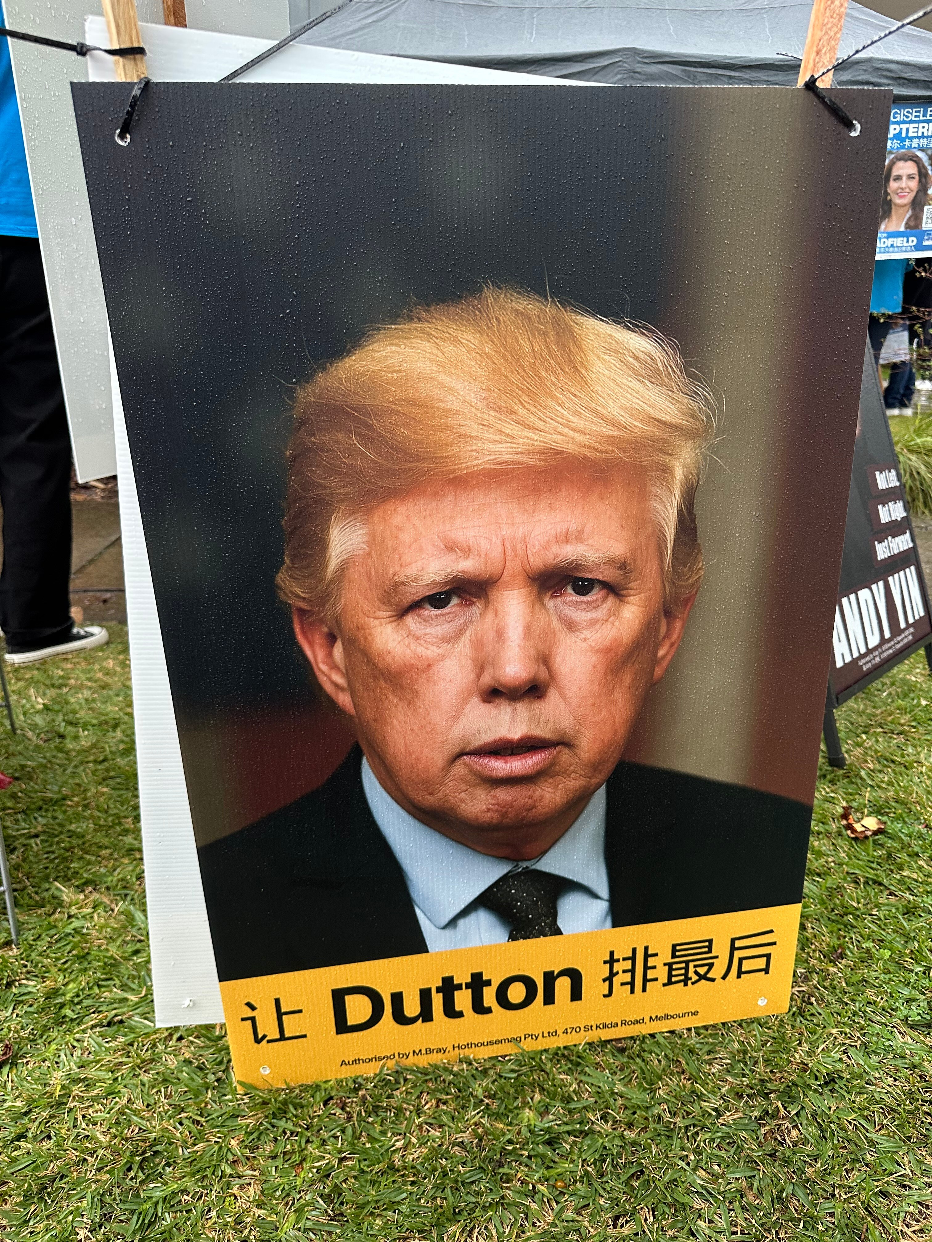 peter dutton's face with donald trump's hair on a corflute sitting on grass