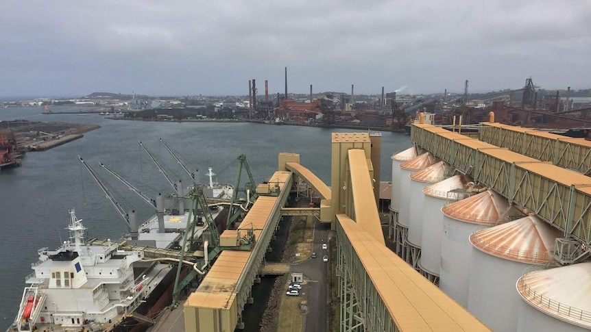 Grain Ship with cranes at Port Kembla with conveyor belts and silos