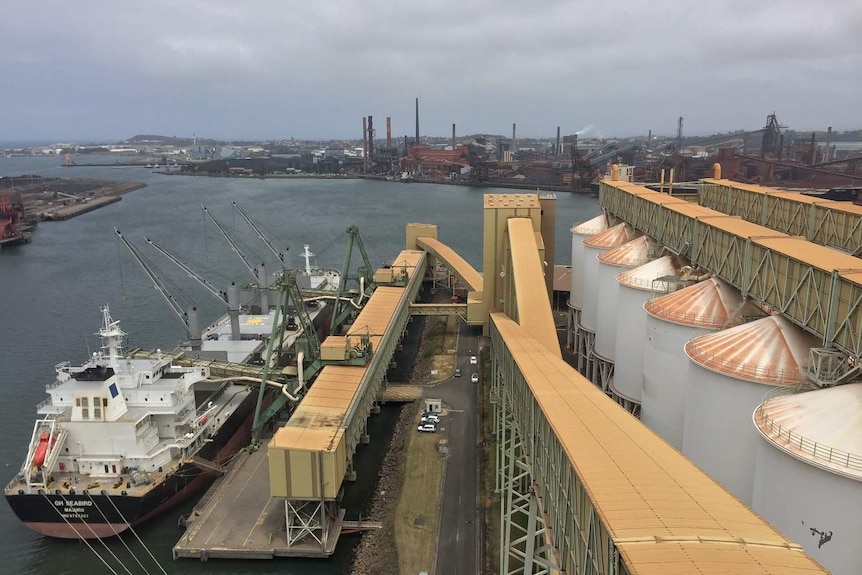 Grain Ship with cranes at Port Kembla with conveyor belts and silos
