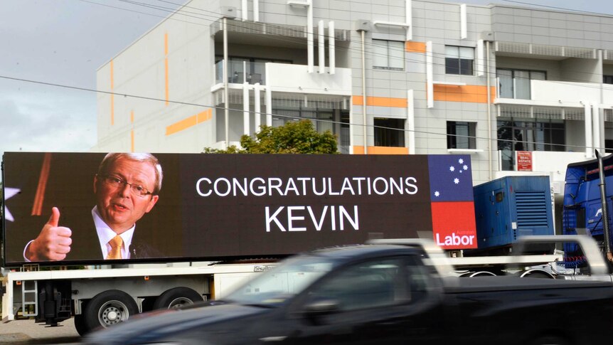 Sign congratulates Kevin Rudd in Brisbane.