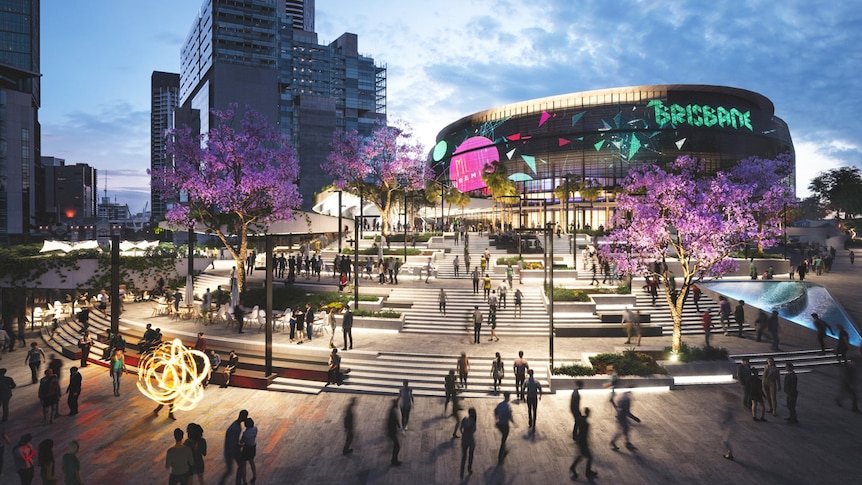 Artist's impression of proposed Brisbane Arena venue at Roma Street in the CBD for the 2032 Summer Olympics