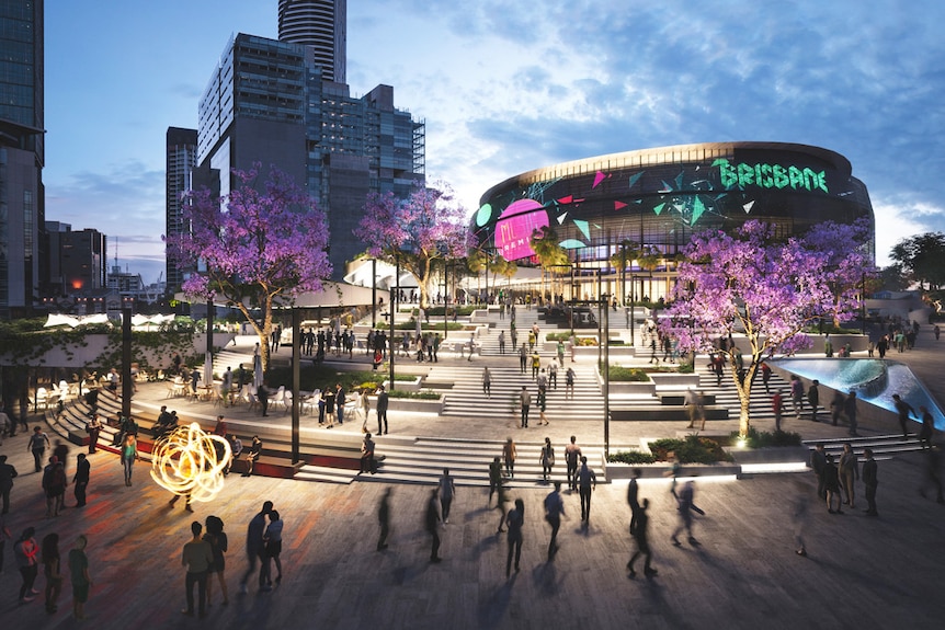 Vue d'artiste d'un stade coloré et ultramoderne au cœur de Brisbane.