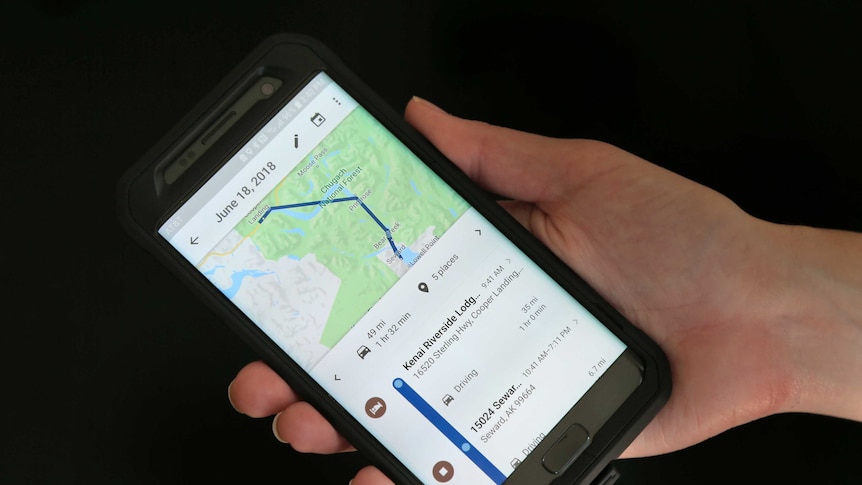 Phone displays how a user's travel is tracked in Google Maps