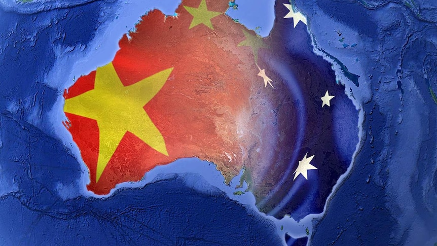 A satellite map of Australia covered by China and Australian flags.