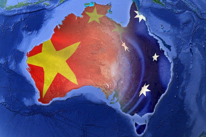 A satellite map of Australia covered by China and Australian flags.