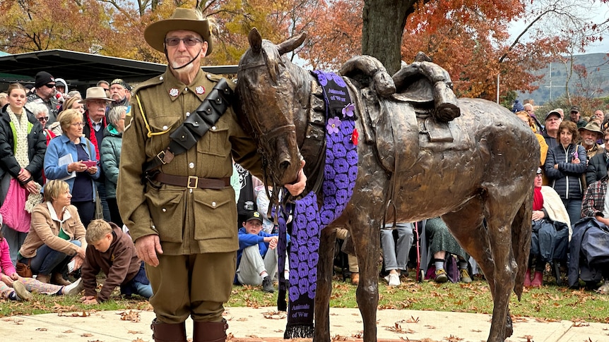 photo of a man in uniform standing in front of a sculpture of a horse.
