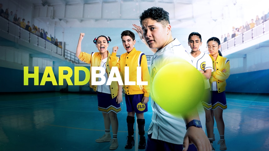 An ensemble cast of teens in sporting uniforms with the show title Hardball