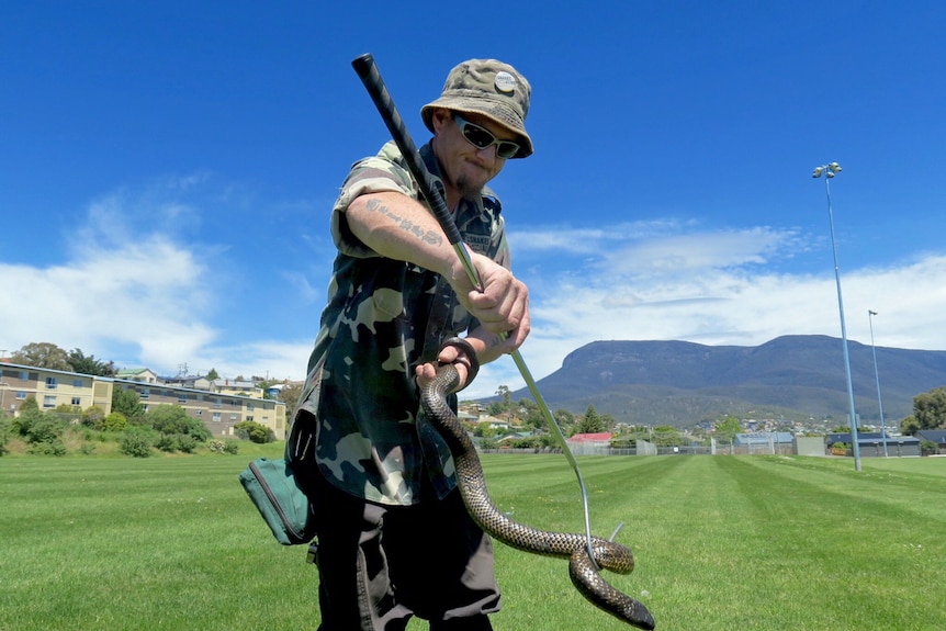 Snake catcher Phil Jackson with a Tasmanian tiger snake