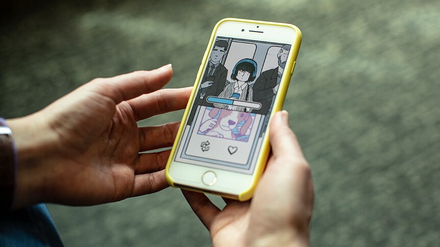 Close-up colour photo of mobile game Florence being played on a white iPhone.