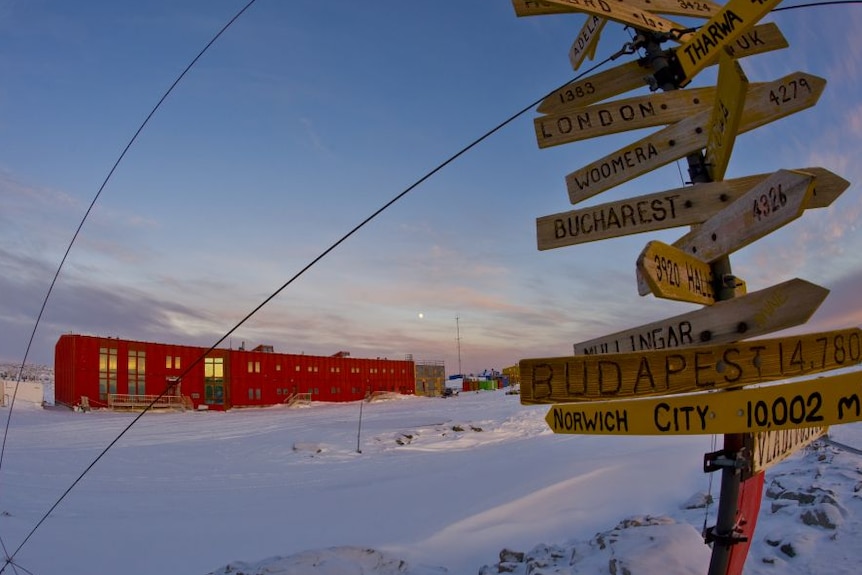 Sign near building at Casey station, Antarctica, photo by Tod Iolovski.