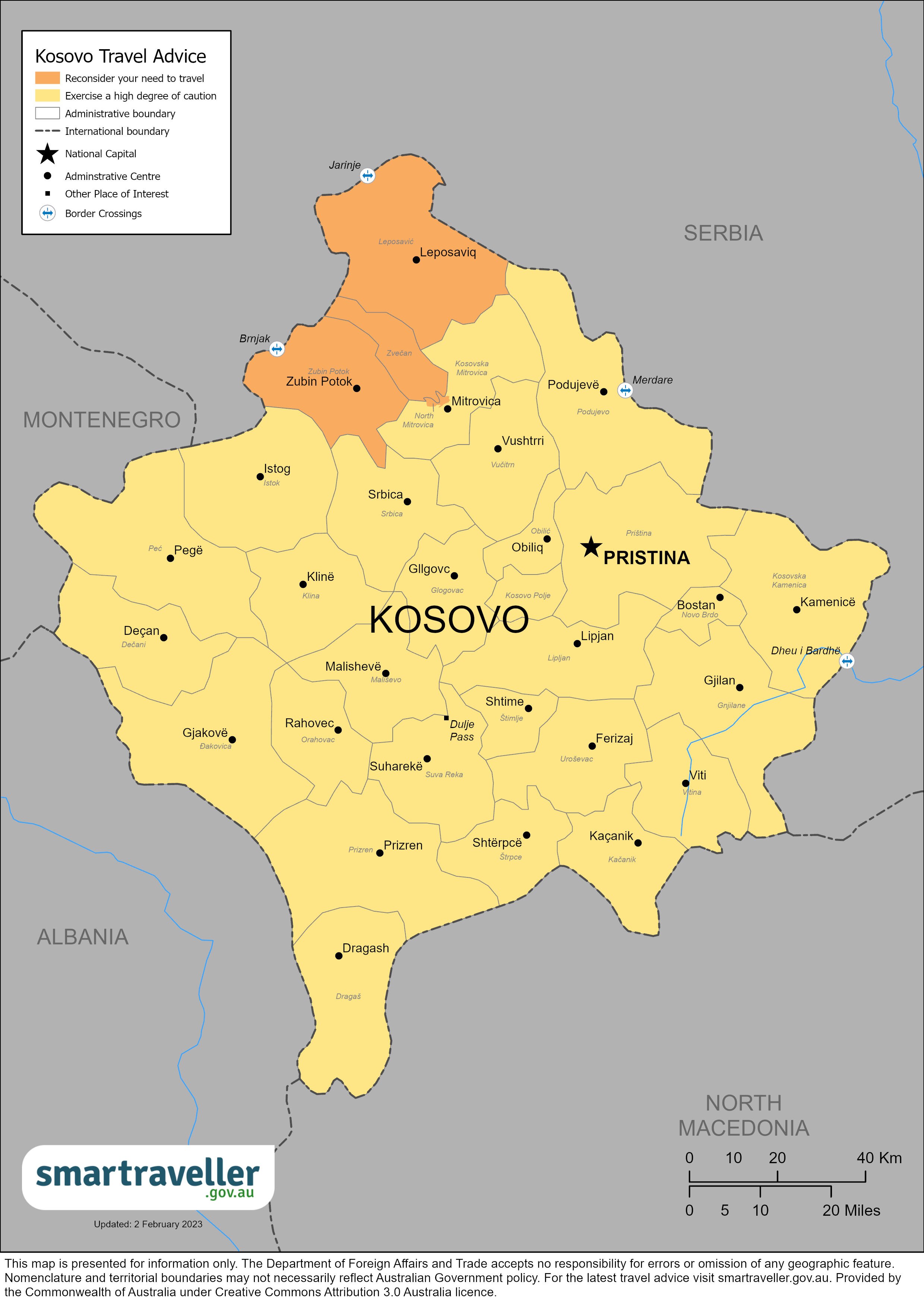 A map of Kosovo with two northern regions marked as "reconsider your need to travel" 