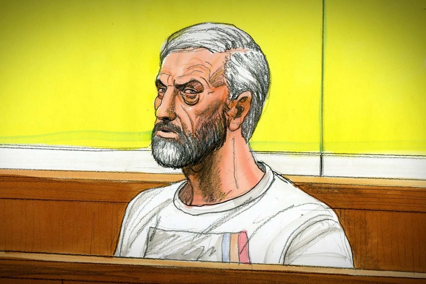 A sketch of Borce Ristevski sitting in the dock at the Melbourne Magistrates' Court.