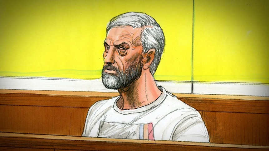 A sketch of Borce Ristevski sitting in the dock at the Melbourne Magistrates' Court.