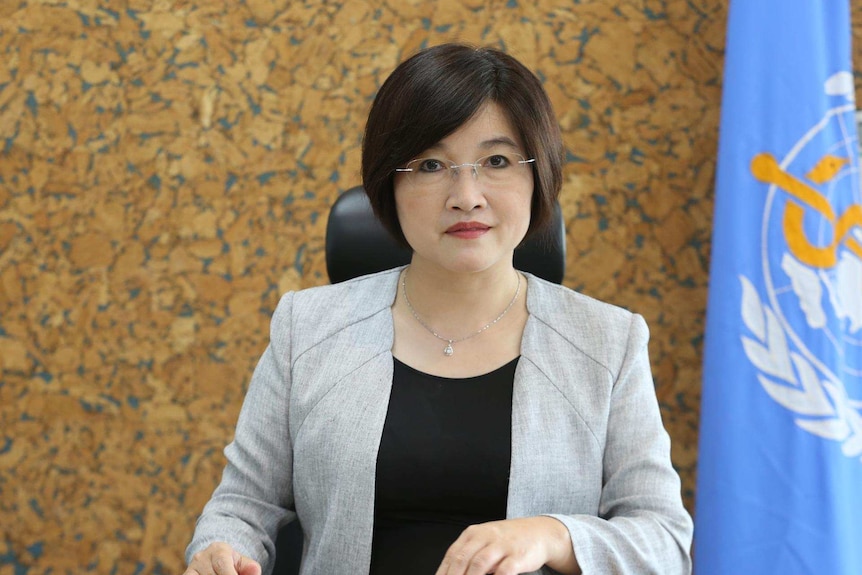 A photo of Dr Ailan Li, WHO representative in Cambodia at a desk with a WHO flag behind her.