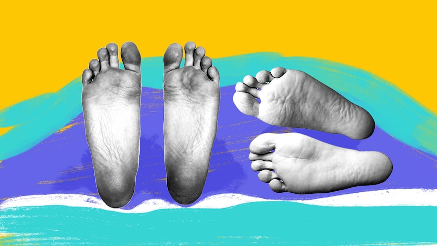 Illustration of two pairs of feet in bed; one pair facing partner to depict antidepressants affecting sex drive and what to do.