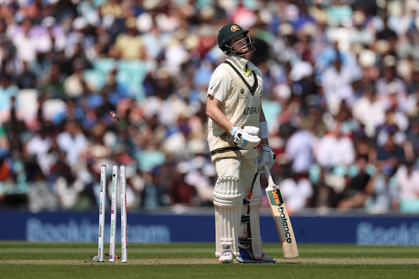 Steve Smith throws his head back as the stumps are broken behind him