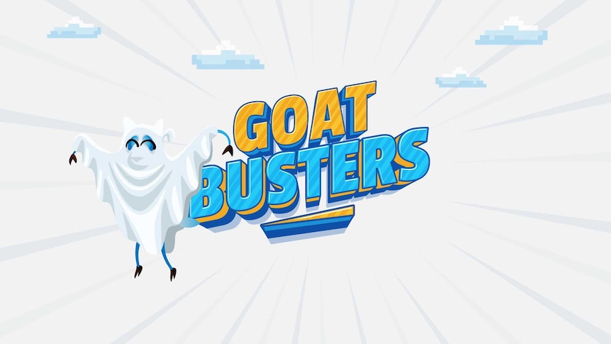 A goat is dressed up as a ghost in a sheet. The title reads Goat Busters.