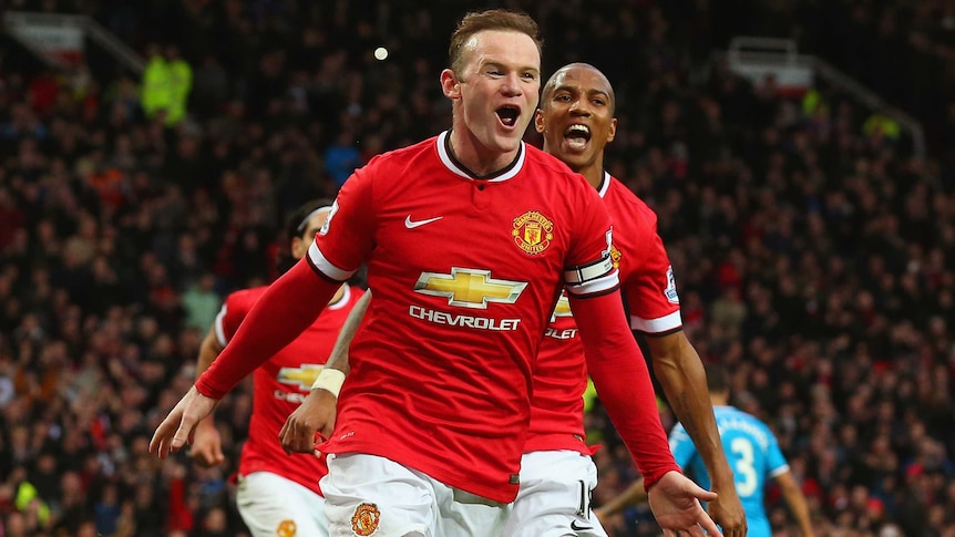 Wayne Rooney celebrates a goal against Sunderland