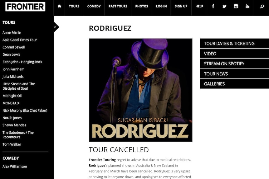 A screenshot of the Frontier Touring website showing the Rodriguez tour cancelled