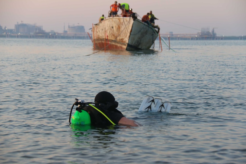 Divers made their way out to the vessel in the Darwin Harbour.