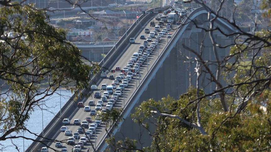 Traffic banked on Hobart's Tasman Bridge through the trees