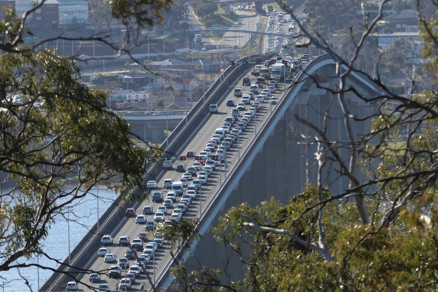 Traffic banked on Hobart's Tasman Bridge through the trees