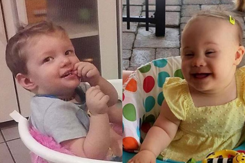 a composite of a smiling boy toddler in a washing basket, and a girl toddler in a highchair 