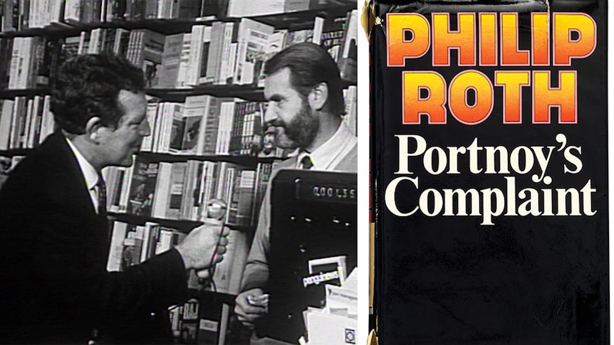 On the left, a black and white still of a reporter speaking to a shopkeeper, and on the right a book cover Portnoy's Complaint.