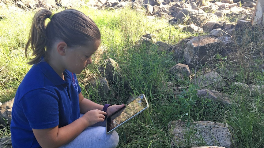 West Beach student with her iPad in wetlands