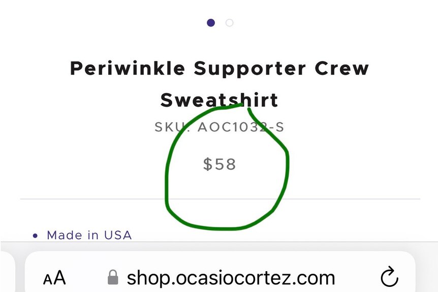 Text from screenshot reads: Periwinkle Supporter Crew Sweatshop. The price, $58, is circled in green.