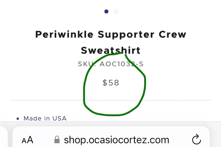 Text from screenshot reads: Periwinkle Supporter Crew Sweatshop. The price, $58, is circled in green.