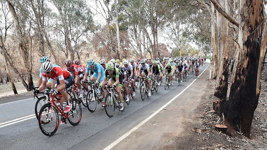 Tour Down Under riders go through bushfire zone during stage one from Tanunda