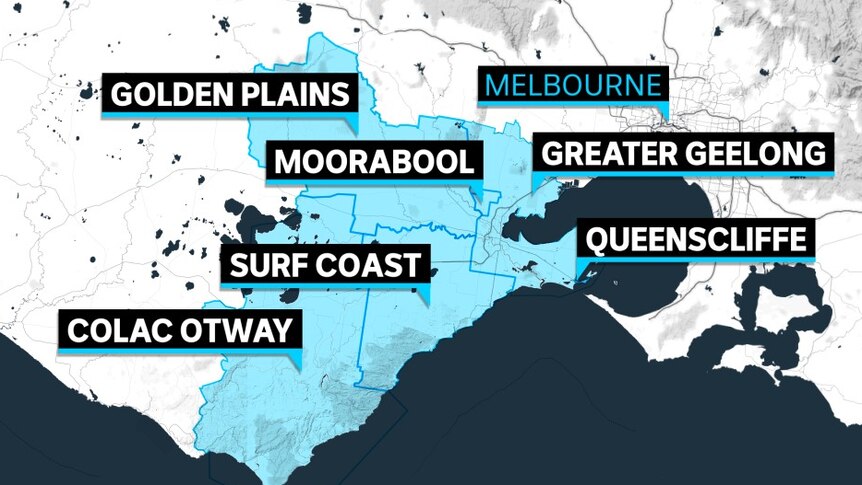 Six local council areas are highlighted in light blue on a map of southern central Victoria.