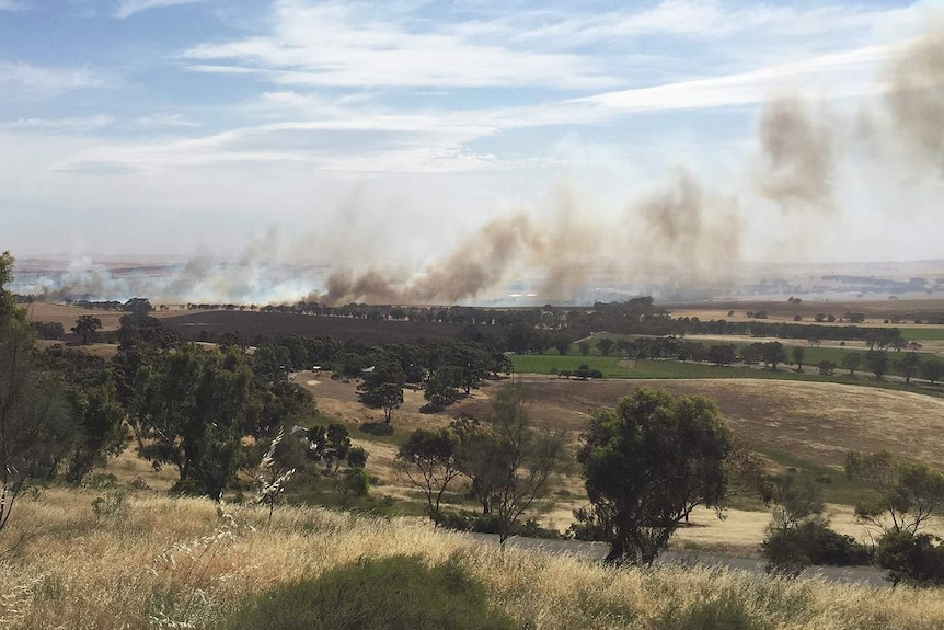 Smoke rises from a paddock in a valley.