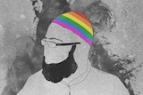 An illustration of a Muslim man wearing a rainbow-coloured hat.