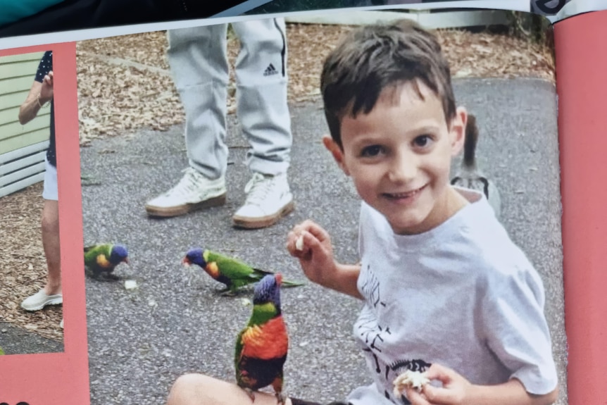 A photo of a little boy with a bird on his knee.