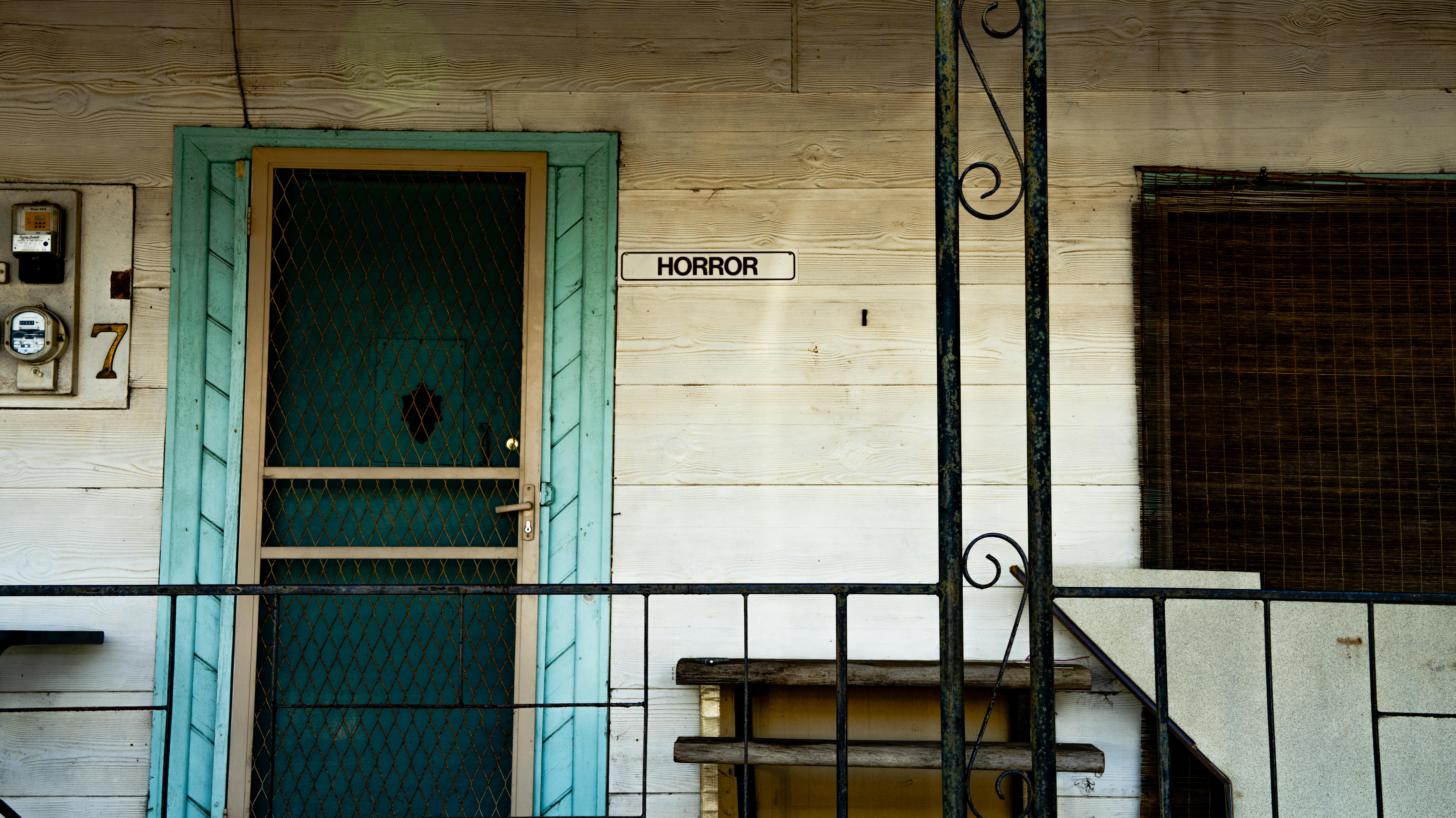 A house in Balmoral, with a sign on it saying 'Horror'.