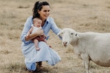 Lady pets a lamb with baby perched on knee