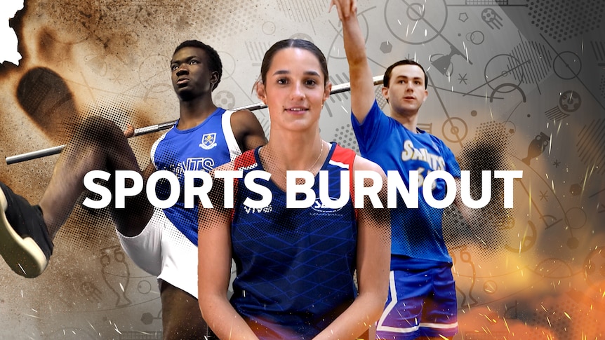 Three young athletes one smiling to camera and two in action poses behind, sports strategy related graphics behind.