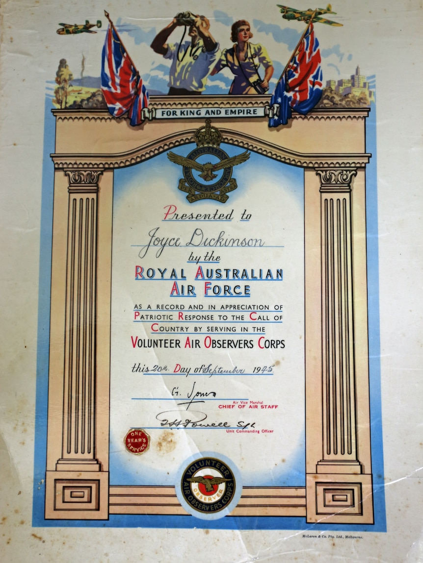 Joyce Dickinson's certificate from the Royal Australia Air Force