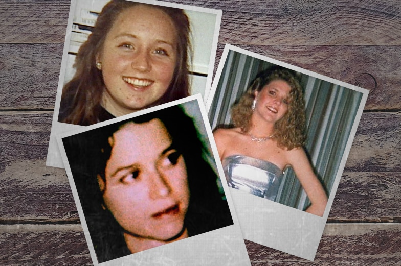 Three polaroid photos of women sit on a dirty wooden surface.