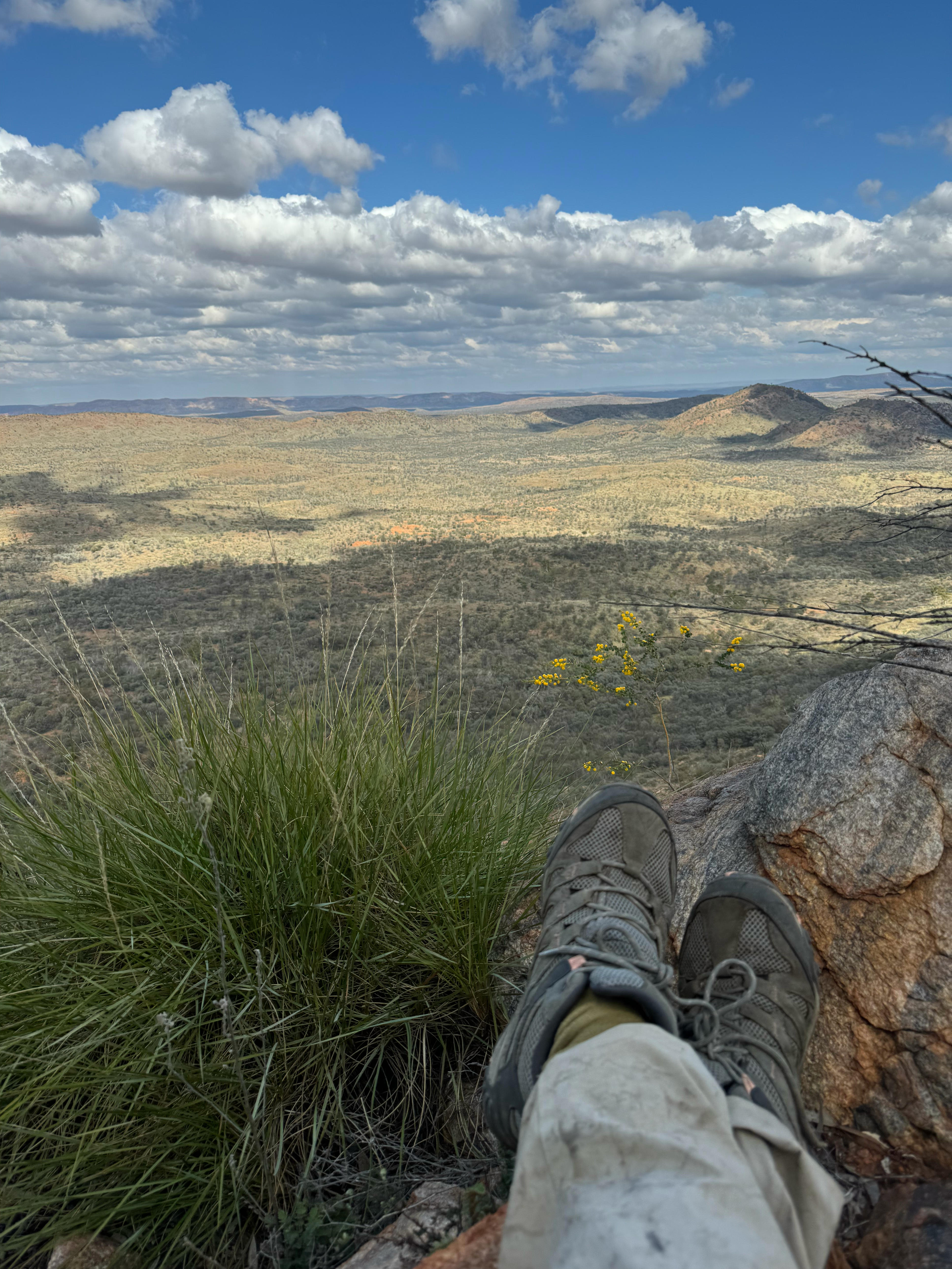 Hiking boots with a vista stretching out behind them under white clouds. 