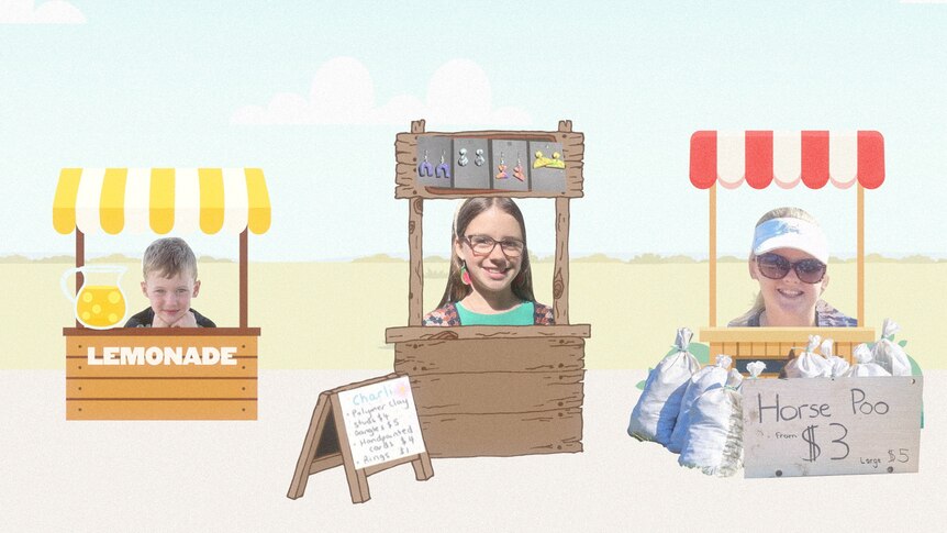Illustration of three young business owners behind cartoon style shop stalls selling lemonade, jewelry and horse poo.